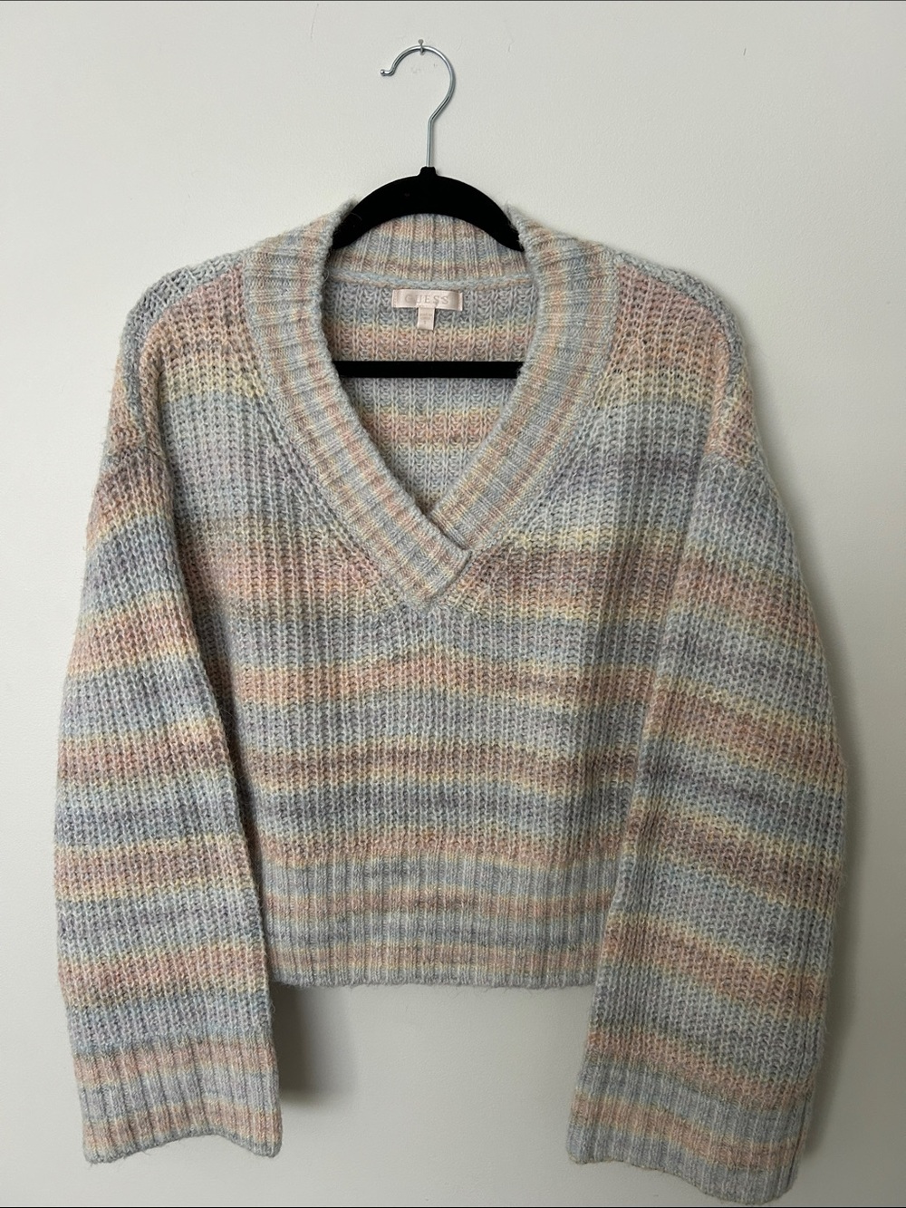 Guess Pastel Striped V-Neck Sweater in Blue, Pink, Cream, Tan